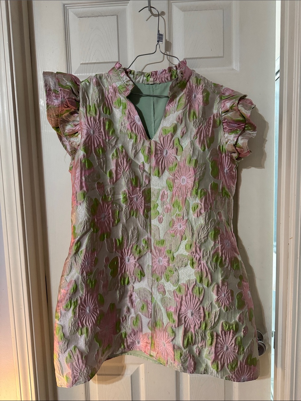 “Jodifl” size Large Floral Ruffle Sleeve Women’s Dress in Pink and Green